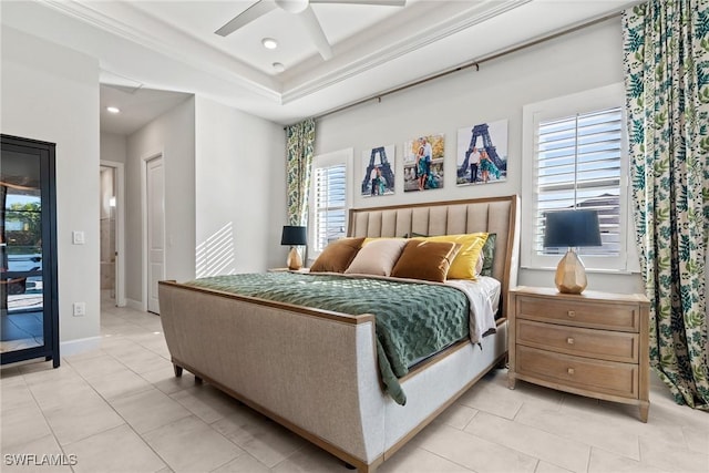 bedroom featuring access to exterior, light tile patterned floors, multiple windows, and ceiling fan