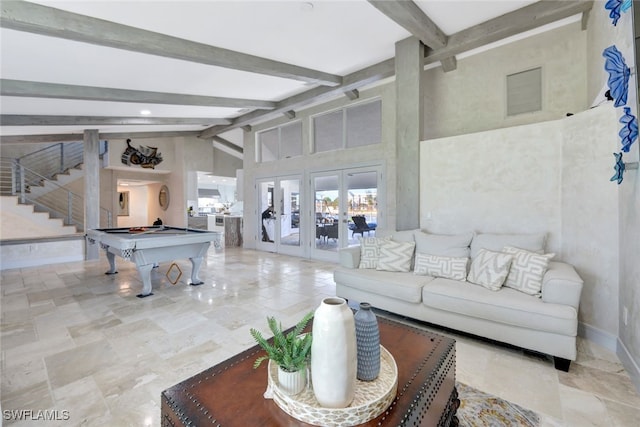 living room with beam ceiling, french doors, high vaulted ceiling, and billiards