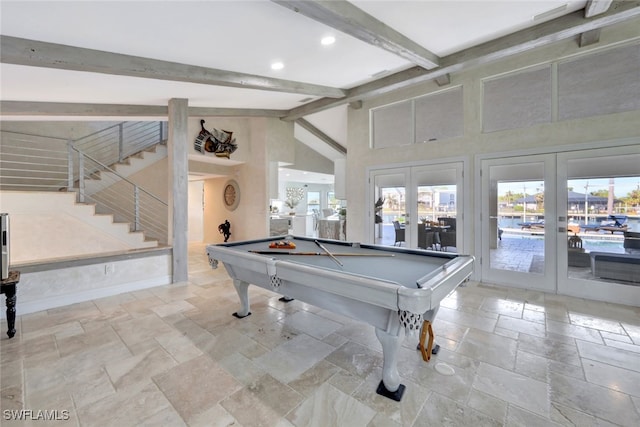 rec room with beamed ceiling, high vaulted ceiling, pool table, and french doors