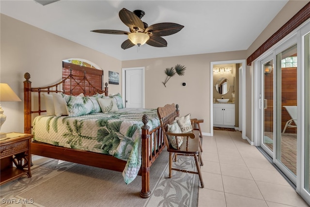 bedroom with ceiling fan, access to outside, multiple windows, and light tile patterned floors