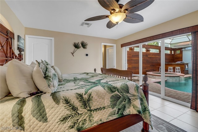 bedroom featuring light tile patterned flooring and ceiling fan