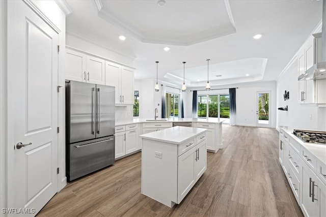 kitchen with hanging light fixtures, kitchen peninsula, a tray ceiling, appliances with stainless steel finishes, and light wood-type flooring