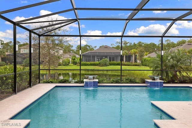 view of swimming pool with pool water feature, a water view, and a lanai