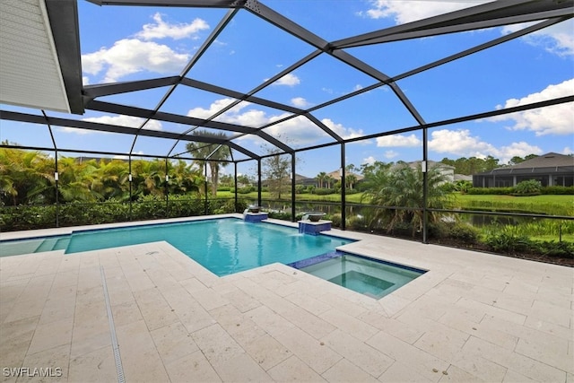 view of swimming pool featuring a lanai, a patio area, an in ground hot tub, and a water view