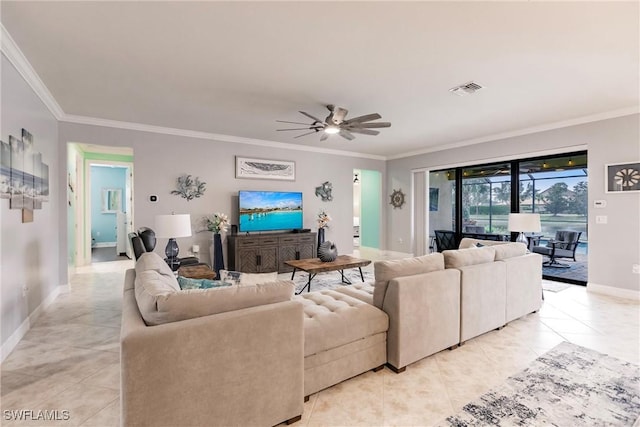 living room featuring ceiling fan, ornamental molding, and light tile patterned floors