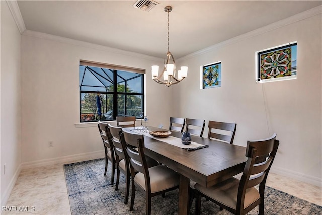 tiled dining room with a chandelier and crown molding