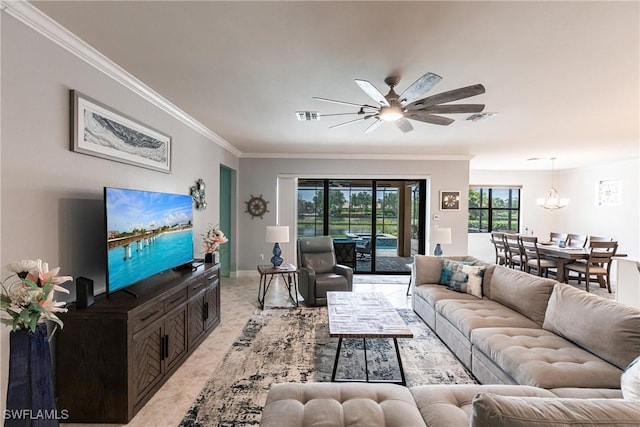 11041 Castlereagh St, Fort Myers, FL 33913 - living area featuring crown molding, light tile patterned flooring, visible vents, and ceiling fan with notable chandelier