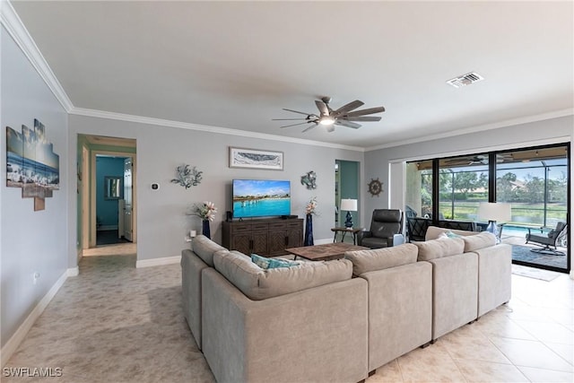 11041 Castlereagh St, Fort Myers, FL 33913 - living room with crown molding, baseboards, ceiling fan, and visible vents