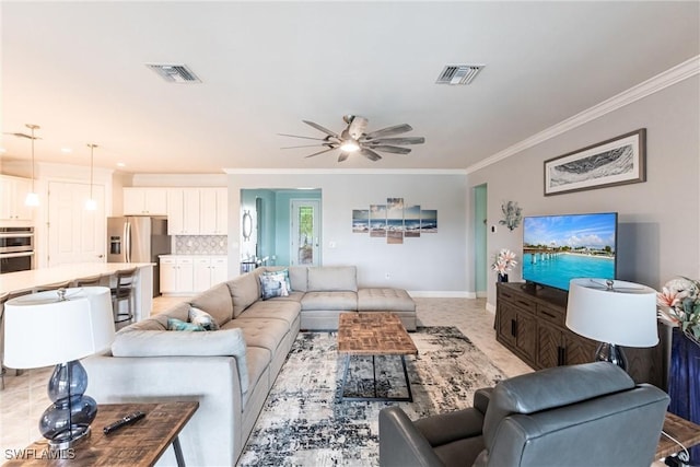 11041 Castlereagh St, Fort Myers, FL 33913 - living area with crown molding, a ceiling fan, baseboards, and visible vents