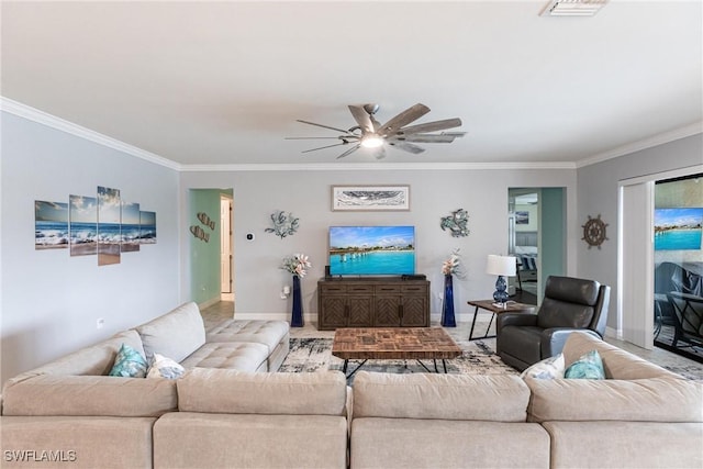 11041 Castlereagh St, Fort Myers, FL 33913 - living area featuring visible vents, ornamental molding, baseboards, and a ceiling fan