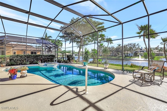 view of pool with glass enclosure, an in ground hot tub, a water view, and a patio