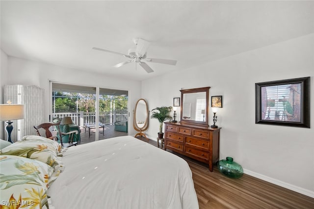 bedroom featuring access to exterior, ceiling fan, and hardwood / wood-style flooring