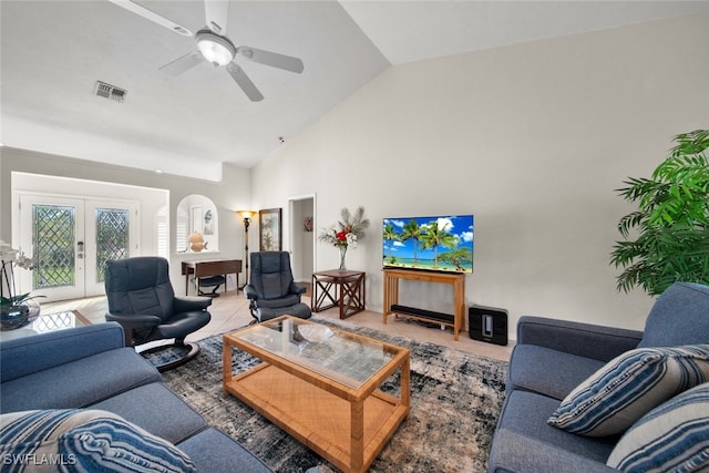 living room featuring french doors, high vaulted ceiling, ceiling fan, and tile patterned floors