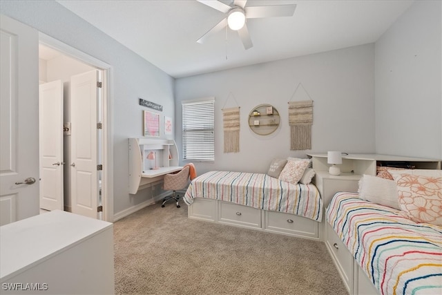 bedroom with light colored carpet and ceiling fan