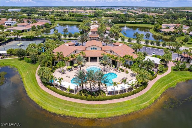 aerial view featuring a water view