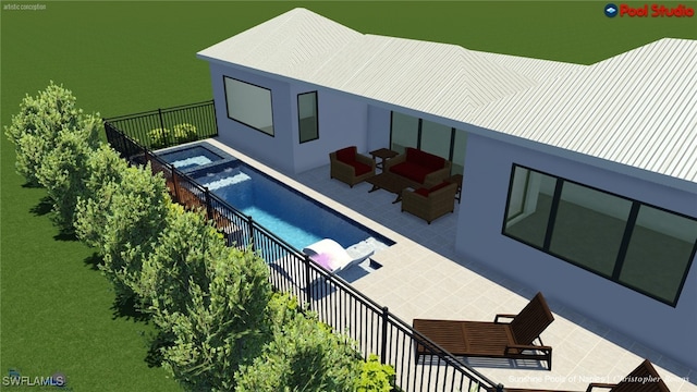 exterior space with a fenced in pool, an outdoor hangout area, and a patio area