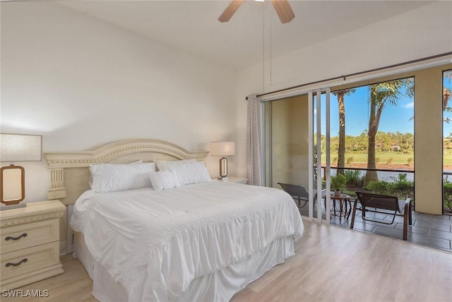 bedroom with ceiling fan, light wood-type flooring, and access to outside