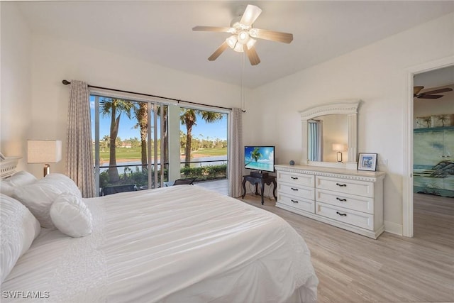 bedroom with access to exterior, ceiling fan, and light hardwood / wood-style floors