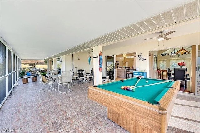 playroom with ceiling fan and billiards