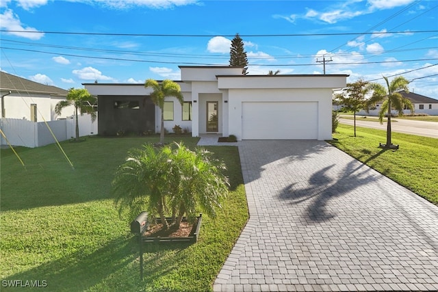 view of front of home with a garage and a front lawn