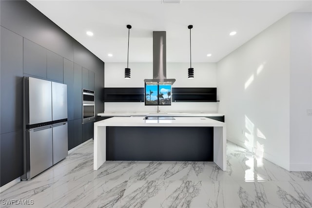 kitchen featuring pendant lighting, a spacious island, exhaust hood, and appliances with stainless steel finishes