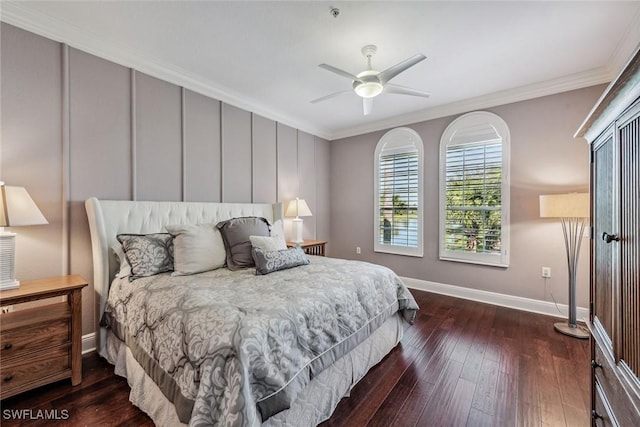 3189 Aviamar Cir Unit 202, Naples, FL 34114 - bedroom featuring baseboards, ornamental molding, dark wood-type flooring, and a ceiling fan