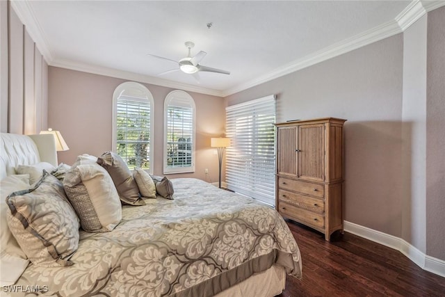 3189 Aviamar Cir Unit 202, Naples, FL 34114 - bedroom featuring dark wood finished floors, crown molding, baseboards, and ceiling fan