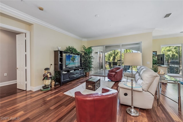 living room with ornamental molding and dark wood-type flooring