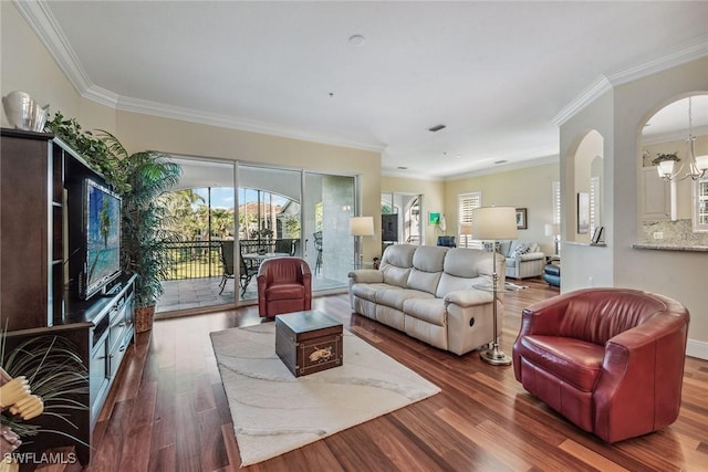 3189 Aviamar Cir Unit 202, Naples, FL 34114 - living area featuring wood finished floors, ornamental molding, and a chandelier