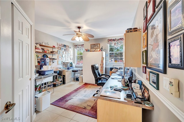 tiled office with ceiling fan