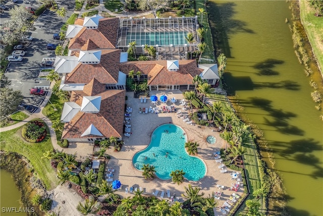 aerial view featuring a water view