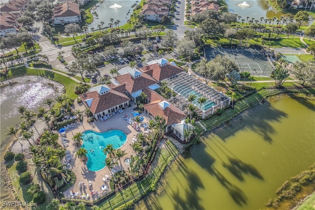 drone / aerial view featuring a water view