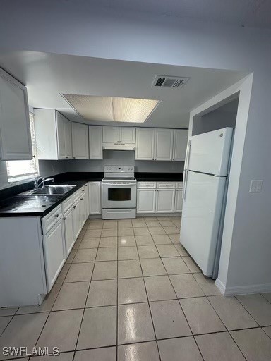 kitchen with white cabinetry, sink, light tile patterned floors, and white appliances