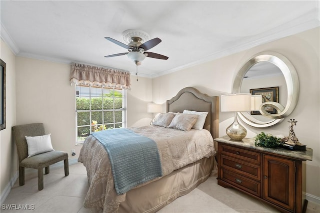 bedroom with ceiling fan and ornamental molding