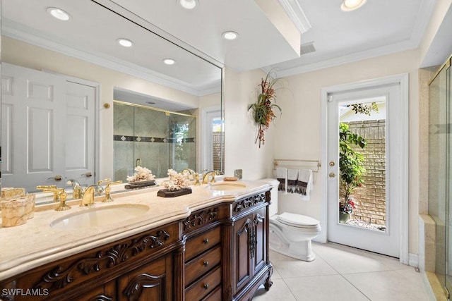 bathroom with walk in shower, vanity, toilet, and ornamental molding