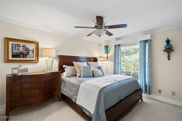 bedroom featuring ceiling fan, light tile patterned floors, and crown molding