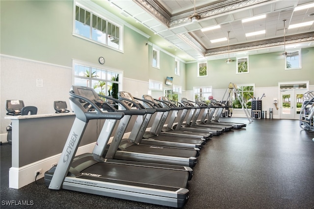 gym with a towering ceiling and ornamental molding