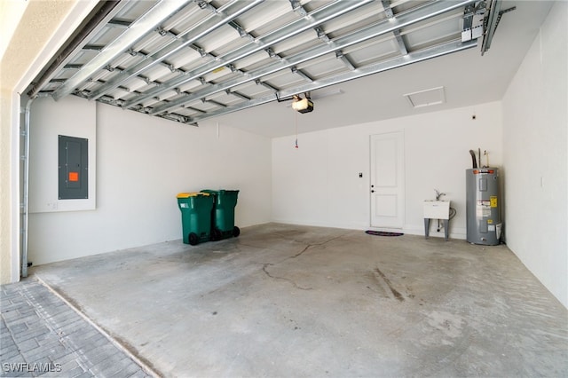 garage featuring a garage door opener, sink, electric panel, and water heater