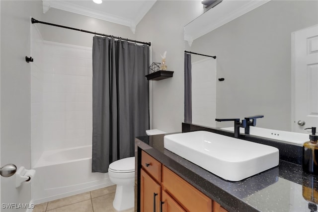 full bathroom featuring vanity, tile patterned floors, crown molding, toilet, and shower / bath combo with shower curtain