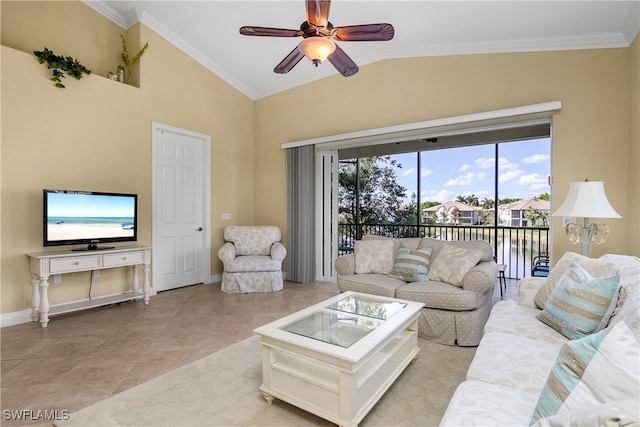 tiled living room featuring crown molding, ceiling fan, and lofted ceiling