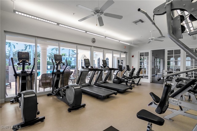 workout area with a wealth of natural light and ceiling fan