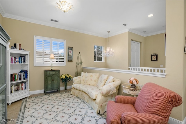 living area featuring light tile patterned floors, crown molding, and a chandelier