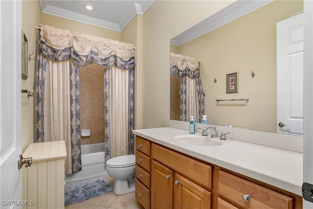 full bathroom with tile patterned flooring, toilet, crown molding, and shower / tub combo