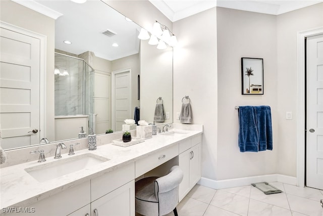 bathroom featuring vanity, ornamental molding, and walk in shower