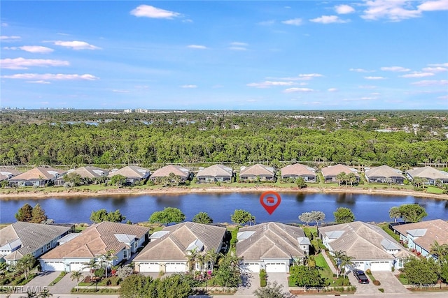 drone / aerial view featuring a water view