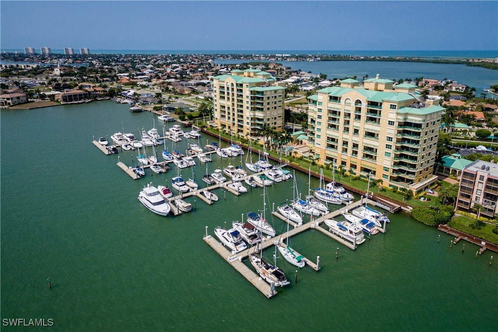 bird's eye view with a water view