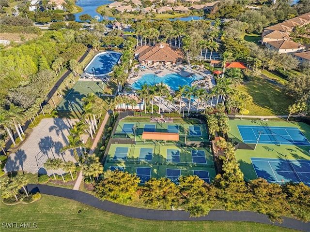 birds eye view of property featuring a water view