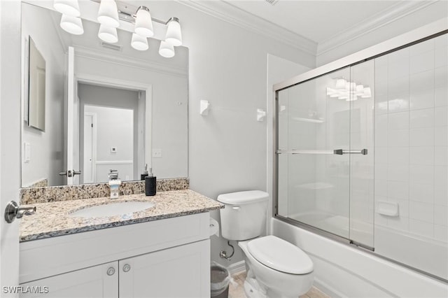 bathroom with ornamental molding, shower / bath combination with glass door, vanity, and toilet