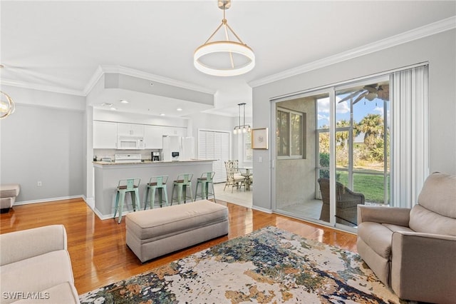 living area featuring baseboards, ornamental molding, and light wood-style flooring