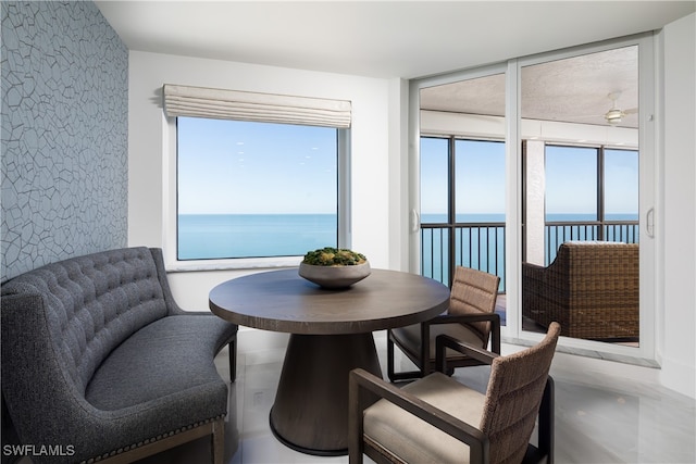 dining area with a water view